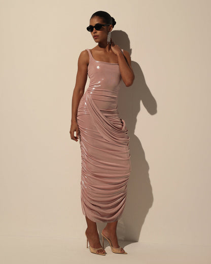 DRAPED MIDI DRESS WITH METALLIC SHEEN