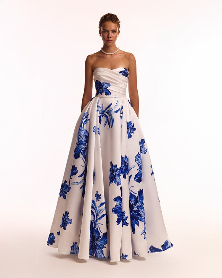 WONDERFUL WHITE A-LINE MAXI DRESS WITH BLUE FLOWERS, GLOW-UP