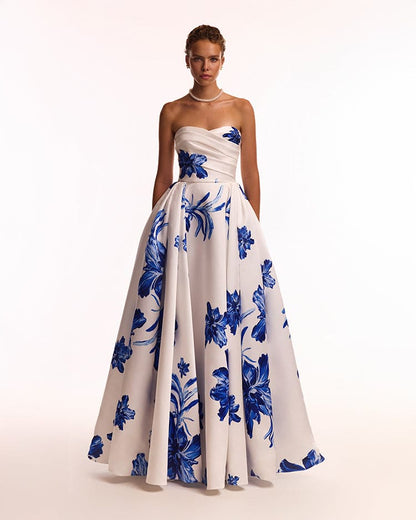 WONDERFUL WHITE A-LINE MAXI DRESS WITH BLUE FLOWERS, GLOW-UP