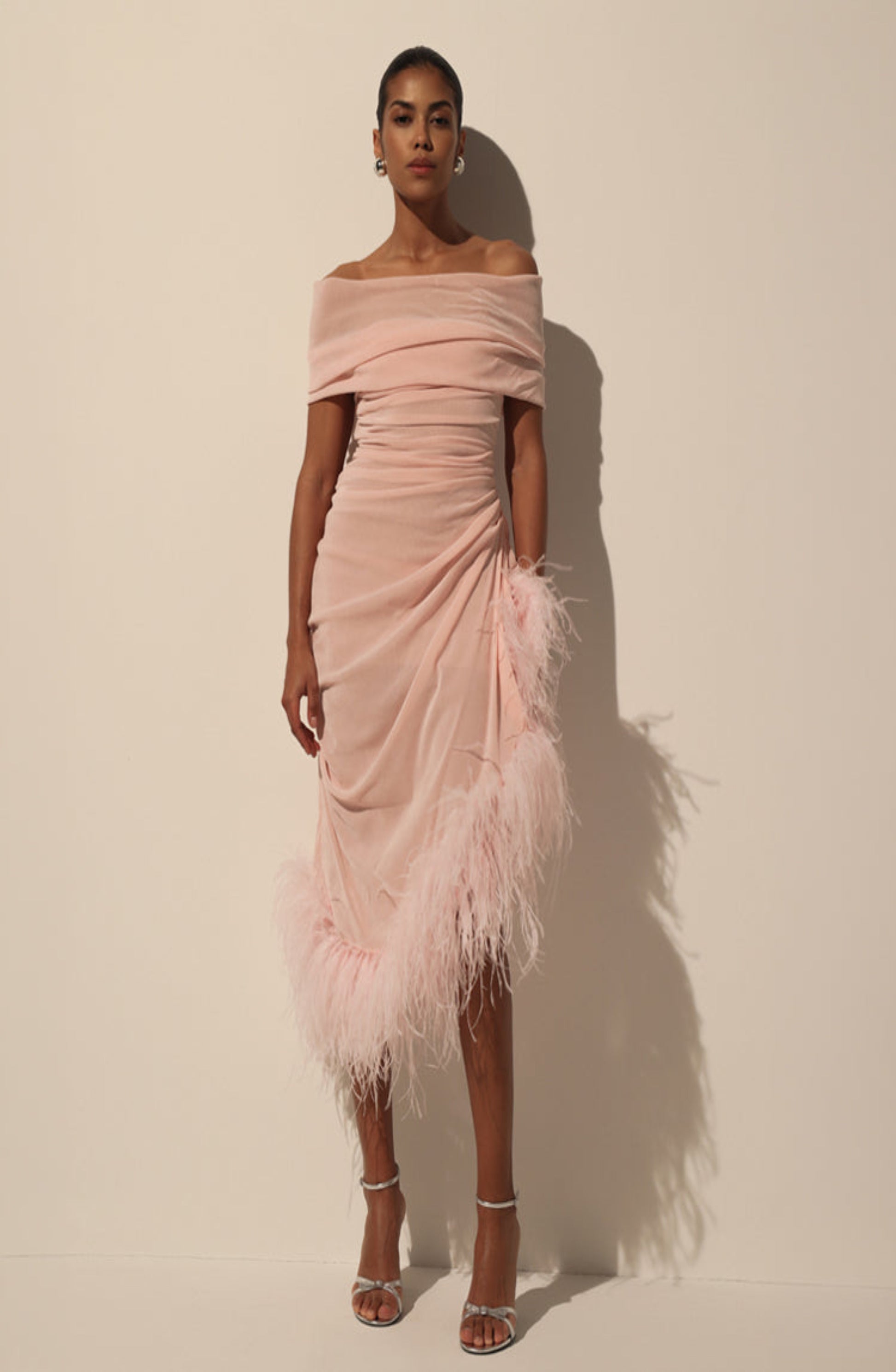 VELVET DRESS WITH FEATHERS
