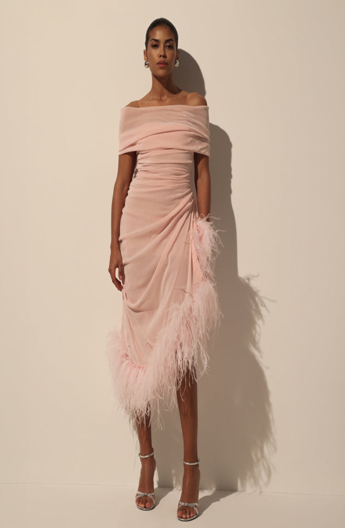 VELVET DRESS WITH FEATHERS
