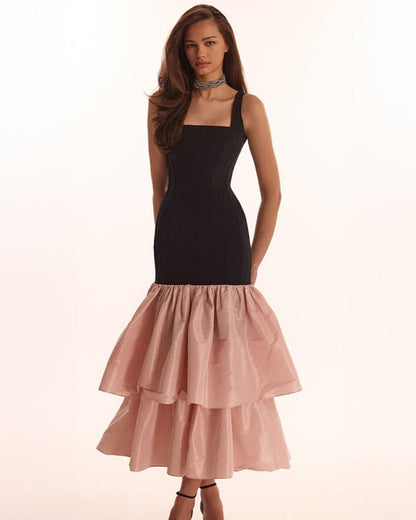 BLACK FITTED MAXI DRESS WITH PINK PUFFY TIERED SKIRT, PARISIENNE