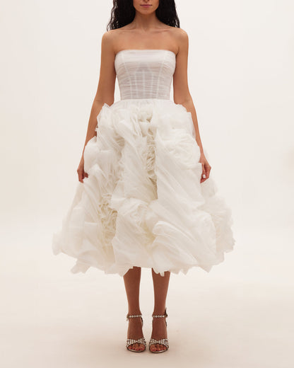 DRAMATICALLY FLOWERED TULLE DRESS IN WHITE