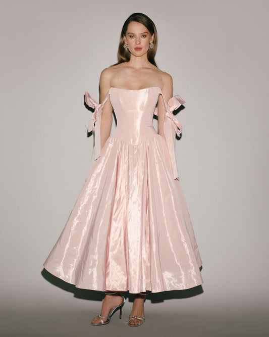 MISTY ROSE TAFFETA CORSET MIDI DRESS