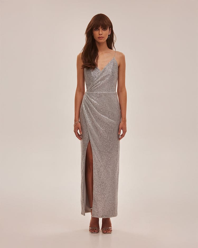 SPAGHETTI STRAPS SILVER SPARKLING WRAPPED MAXI DRESS
