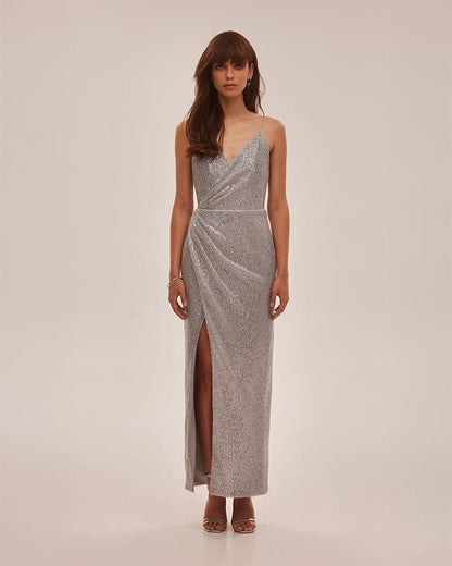SPAGHETTI STRAPS SILVER SPARKLING WRAPPED MAXI DRESS