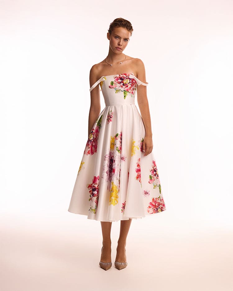 TEA-LENGTH IVORY FLORAL DRESS, GLOW-UP