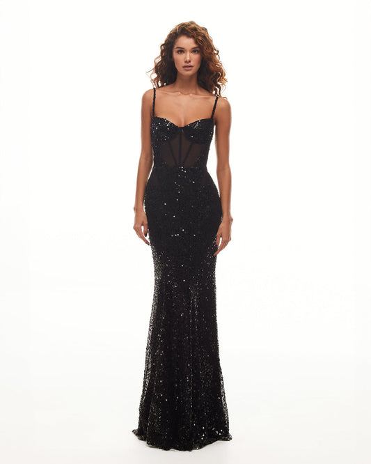SENSATIONAL BLACK MAXI ON SPAGHETTI STRAPS COVERED IN SEQUINS, SMOKY QUARTZ