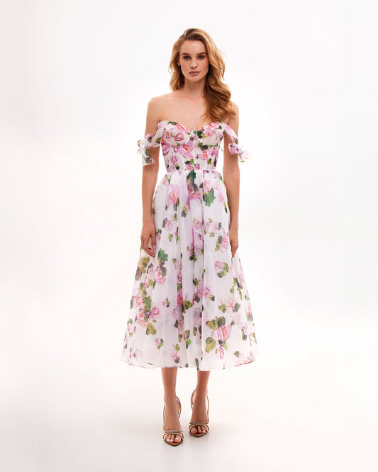 TENDER FLORAL MIDI TIE-STRAP DRESS
