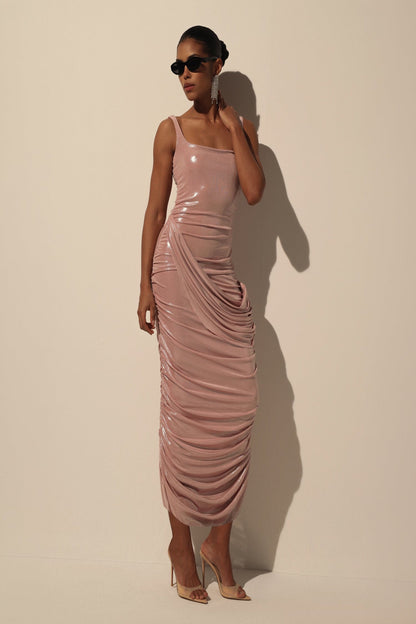 DRAPED MIDI DRESS WITH METALLIC SHEEN