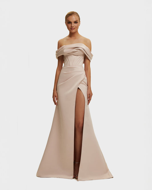 MISTY ROSE PRINCESS STRAPLESS GOWN WITH THIGH SLIT
