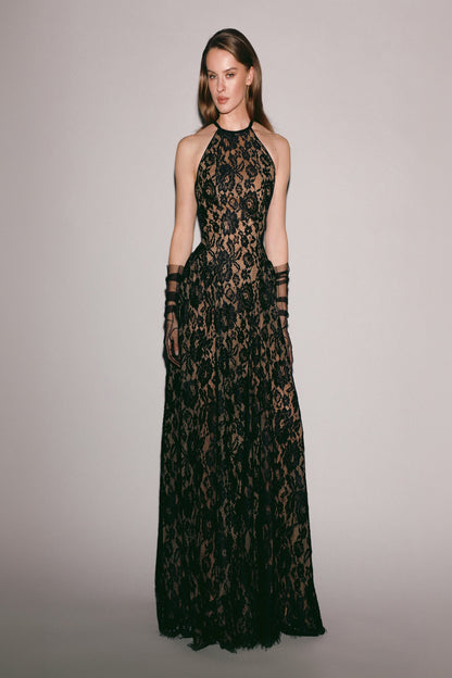 BLACK CHANTILLY LACE MAXI DRESS