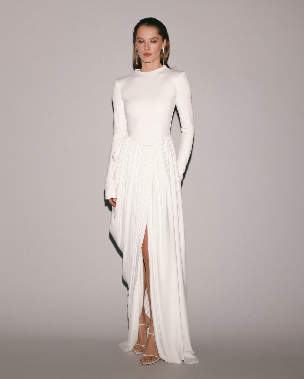 WHITE MAXI DRESS WITH SLIT AND LONG SLEEVES