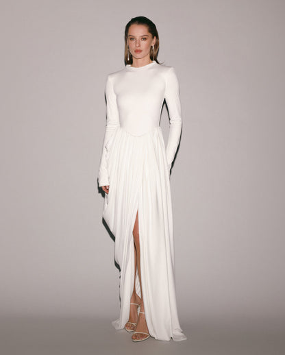 WHITE MAXI DRESS WITH SLIT AND LONG SLEEVES