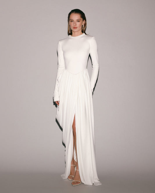 WHITE MAXI DRESS WITH SLIT AND LONG SLEEVES