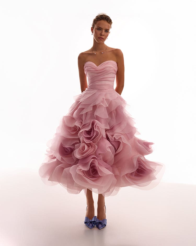 DRAMATIC FLOWERED ORGANZA MIDI DRESS IN MISTY ROSE, GLOW-UP