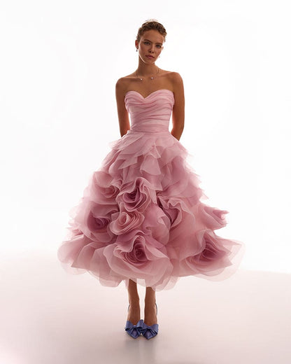 DRAMATIC FLOWERED ORGANZA MIDI DRESS IN MISTY ROSE, GLOW-UP