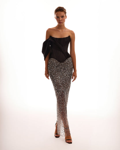 SHOWSTOPPER FULLY SEQUINED SILVER FITTED MAXI SKIRT, MIDNIGHT WALK