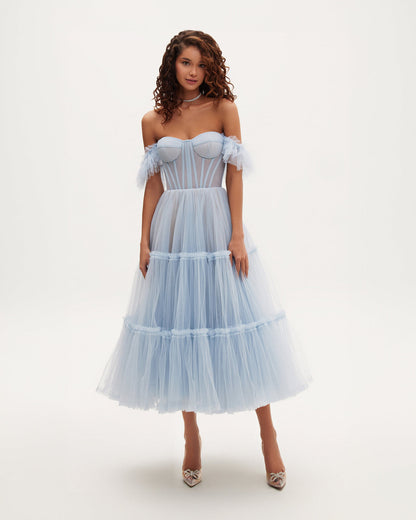 LIGHT BLUE RUFFLED TULLE MIDI DRESS