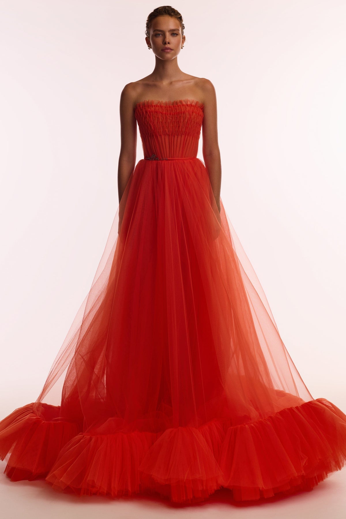 AIRY TULLE MAXI DRESS IN FIERY CORAL
