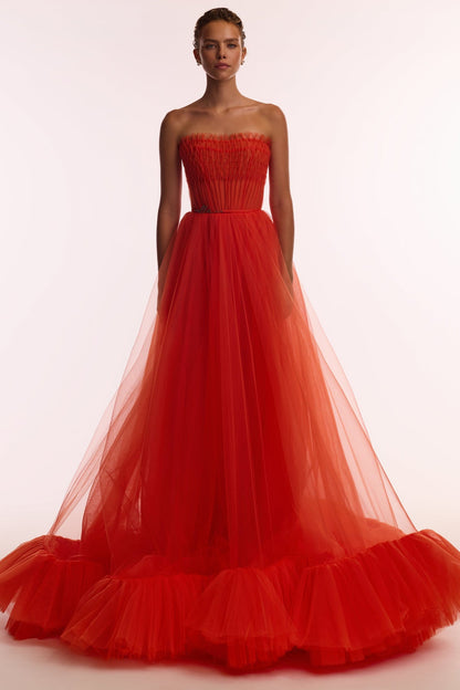 AIRY TULLE MAXI DRESS IN FIERY CORAL