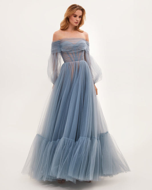 OCEAN WAVE SHEER SLEEVES MAXI TULLE DRESS