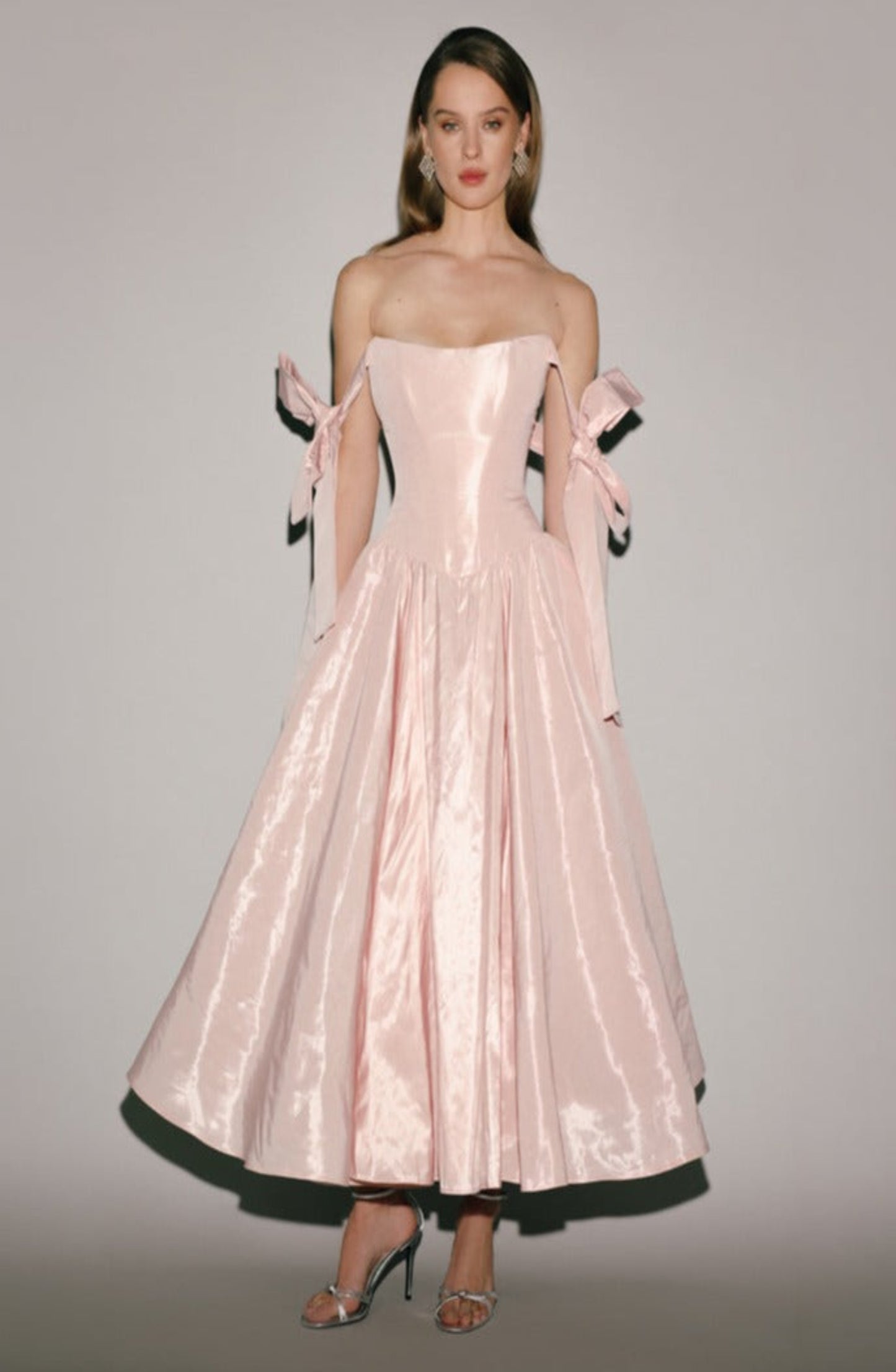 MISTY ROSE TAFFETA CORSET MIDI DRESS