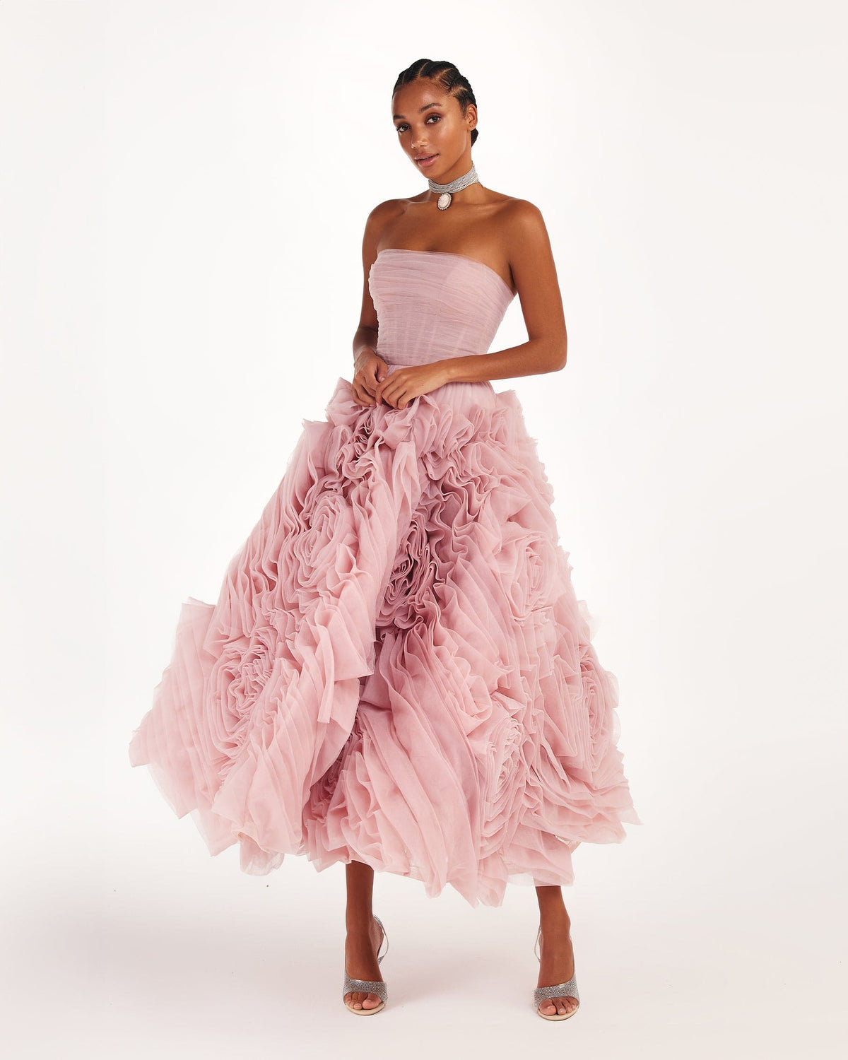 DRAMATICALLY FLOWERED TULLE DRESS IN MISTY PINK