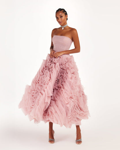 DRAMATICALLY FLOWERED TULLE DRESS IN MISTY PINK