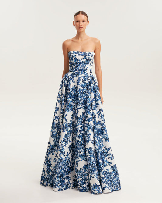 RAVISHING BLUE HYDRANGEA CORSET MAXI DRESS, GARDEN OF EDEN