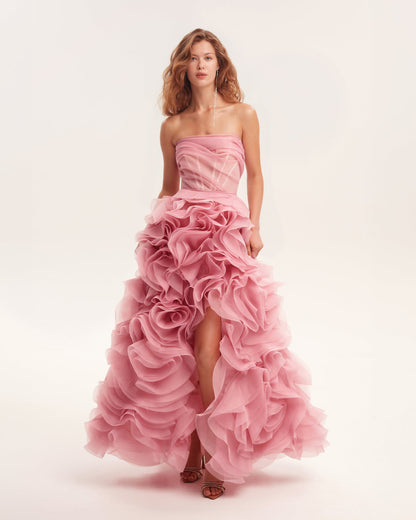 VOLUMINOUS ROSE APPLIQUES PINK MAXI DRESS, GARDEN OF EDEN