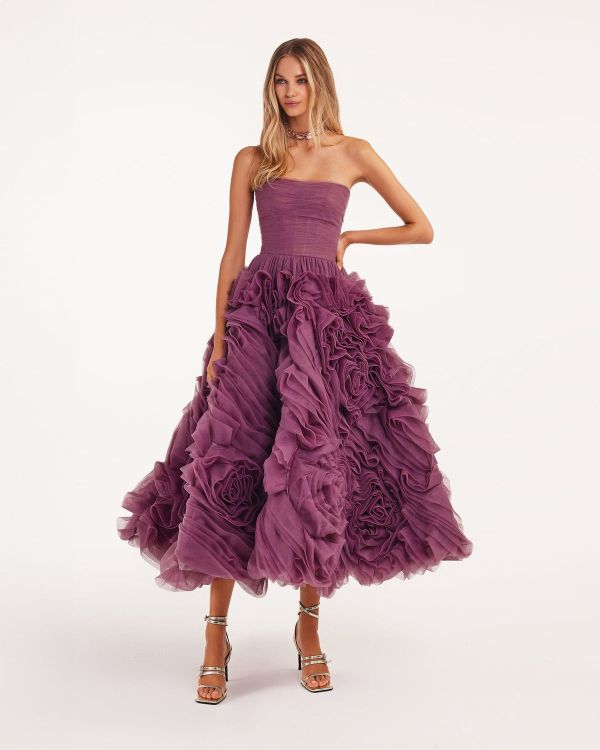 DRAMATICALLY FLOWERED TULLE DRESS IN WINE COLOR