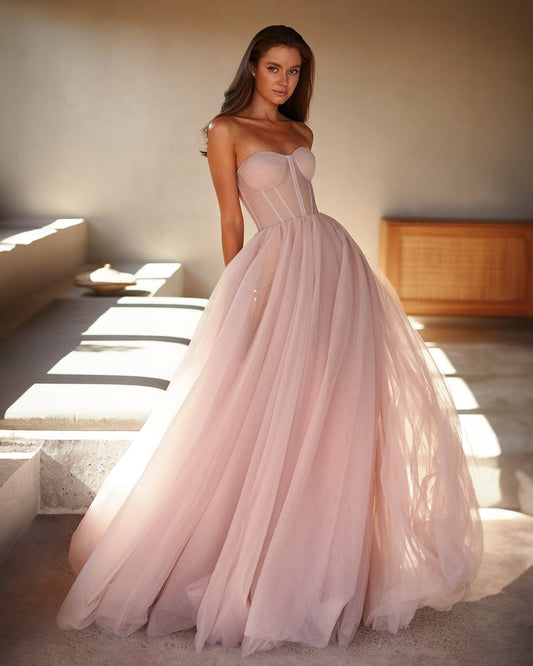 MISTY ROSE TULLE MAXI DRESS WITH A CORSET BUSTIER