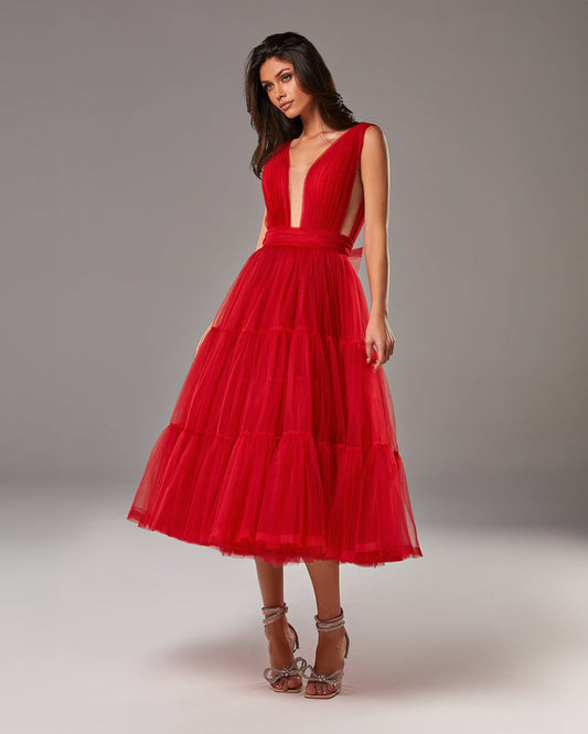 RED TENDER MIDI PLUNGING NECKLINE CUT OUT DRESS
