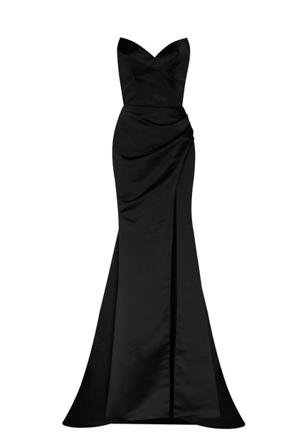 BLACK STRAPLESS EVENING GOWN WITH THIGH SLIT