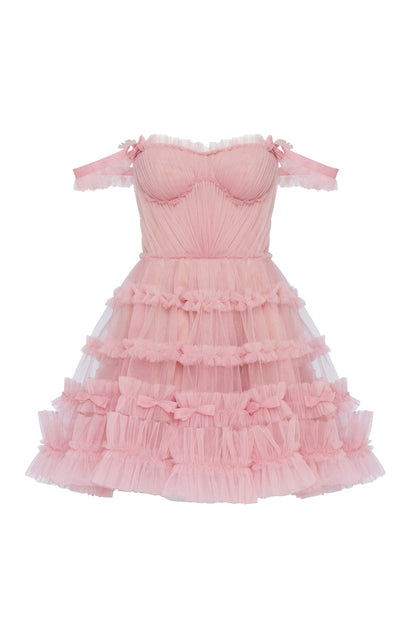FLIRTY RUFFLED TULLE MINI DRESS IN MISTY ROSE, GLOW-UP