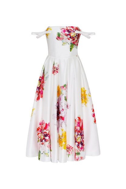 TEA-LENGTH IVORY FLORAL DRESS, GLOW-UP
