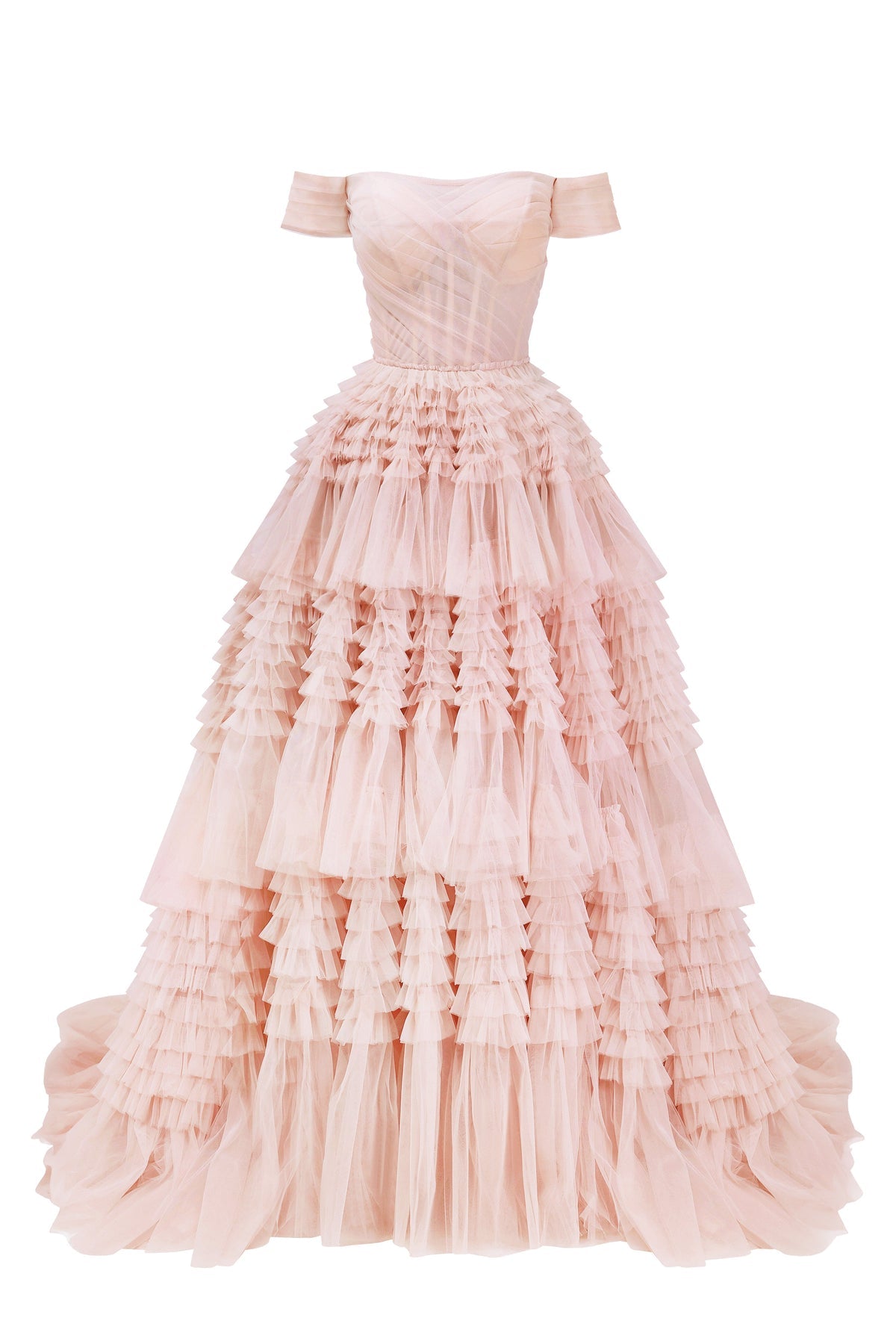 MISTY ROSE OFF-THE-SHOULDER FRILL-LAYERED GOWN