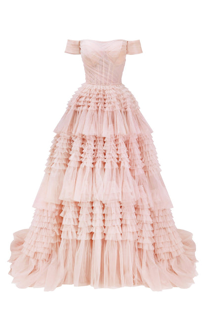 MISTY ROSE OFF-THE-SHOULDER FRILL-LAYERED GOWN