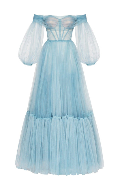 OCEAN WAVE SHEER SLEEVES MAXI TULLE DRESS