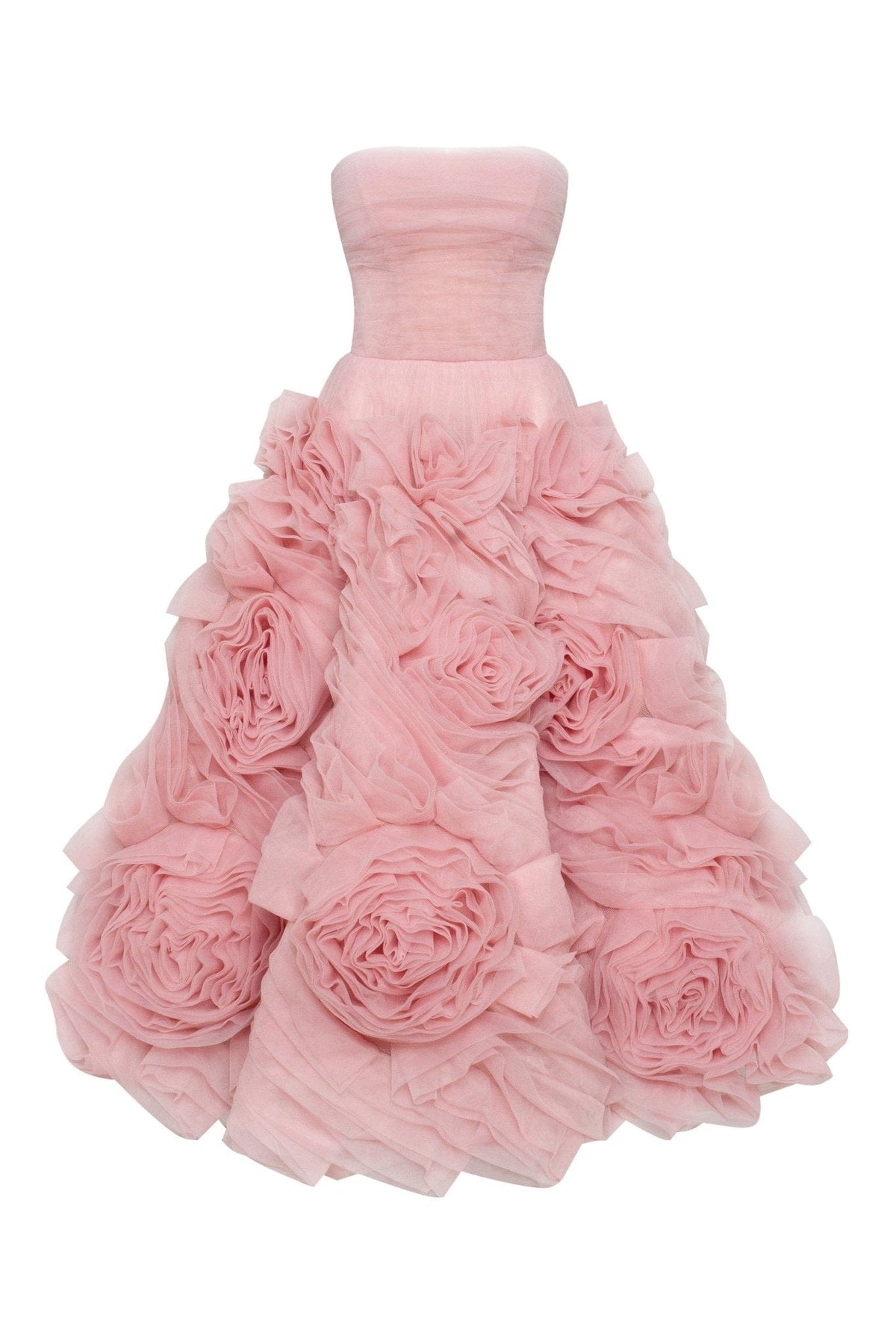DRAMATICALLY FLOWERED TULLE DRESS IN MISTY PINK