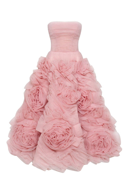 DRAMATICALLY FLOWERED TULLE DRESS IN MISTY PINK