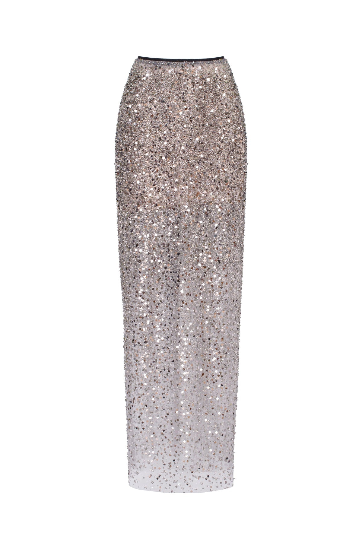 SHOWSTOPPER FULLY SEQUINED SILVER FITTED MAXI SKIRT, MIDNIGHT WALK