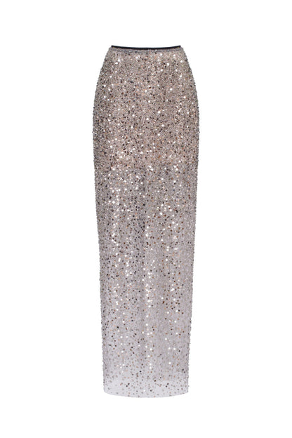 SHOWSTOPPER FULLY SEQUINED SILVER FITTED MAXI SKIRT, MIDNIGHT WALK