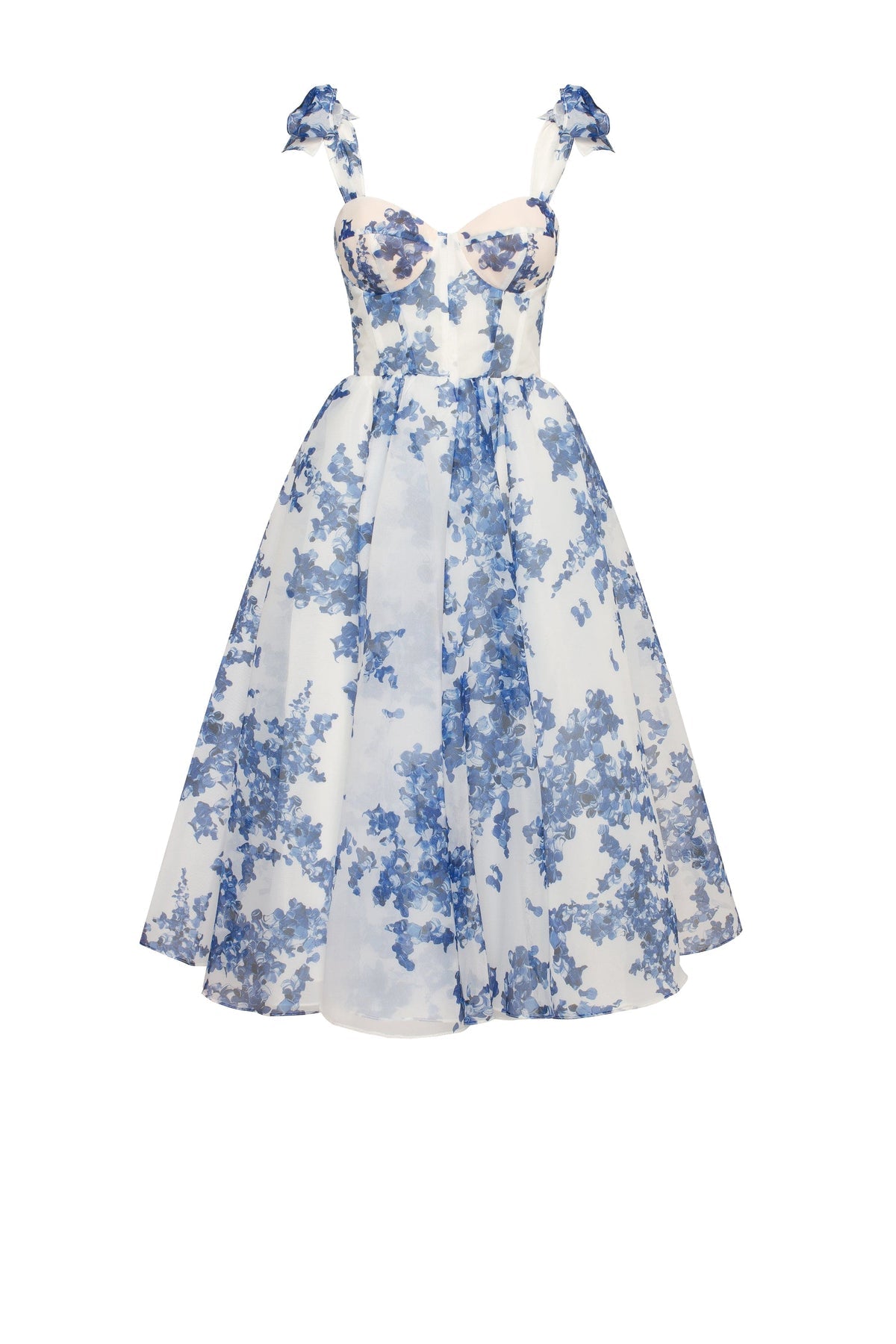 CHARMING BLUE HYDRANGEA-PATTERNED ORGANZA MIDI DRESS, GARDEN OF EDEN