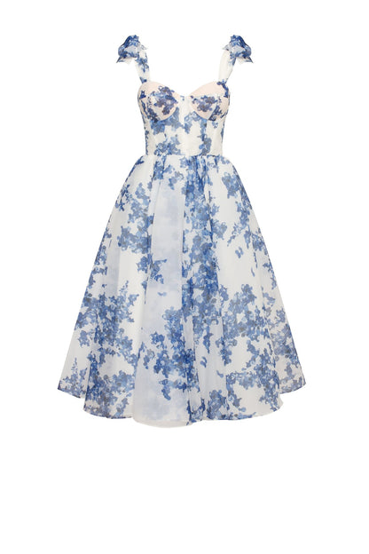 CHARMING BLUE HYDRANGEA-PATTERNED ORGANZA MIDI DRESS, GARDEN OF EDEN