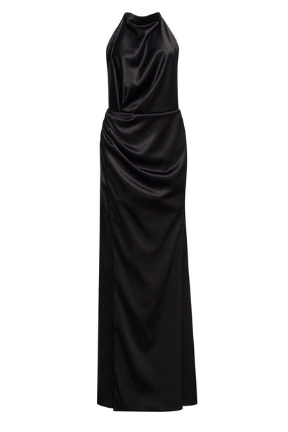 BLACK MOCK NECK SLEEVELESS LOW SLIT DRESS