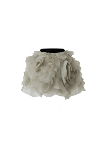 VOLUMINOUS OLIVE ORGANZA FLORAL MINI SKIRT