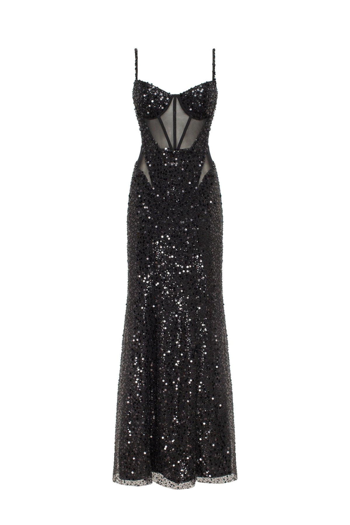 SENSATIONAL BLACK MAXI ON SPAGHETTI STRAPS COVERED IN SEQUINS, SMOKY QUARTZ