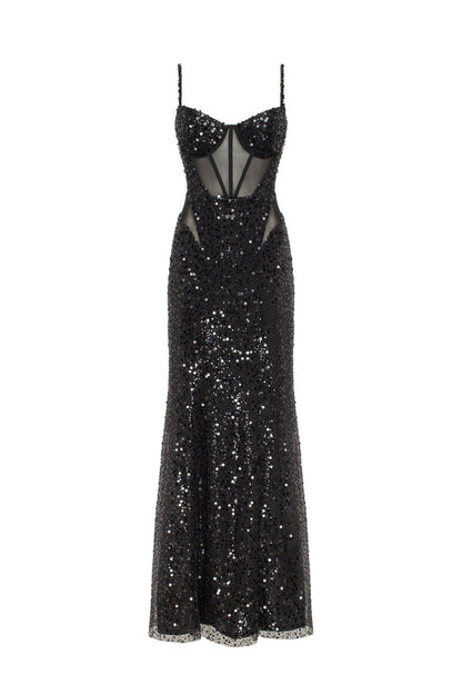 SENSATIONAL BLACK MAXI ON SPAGHETTI STRAPS COVERED IN SEQUINS, SMOKY QUARTZ